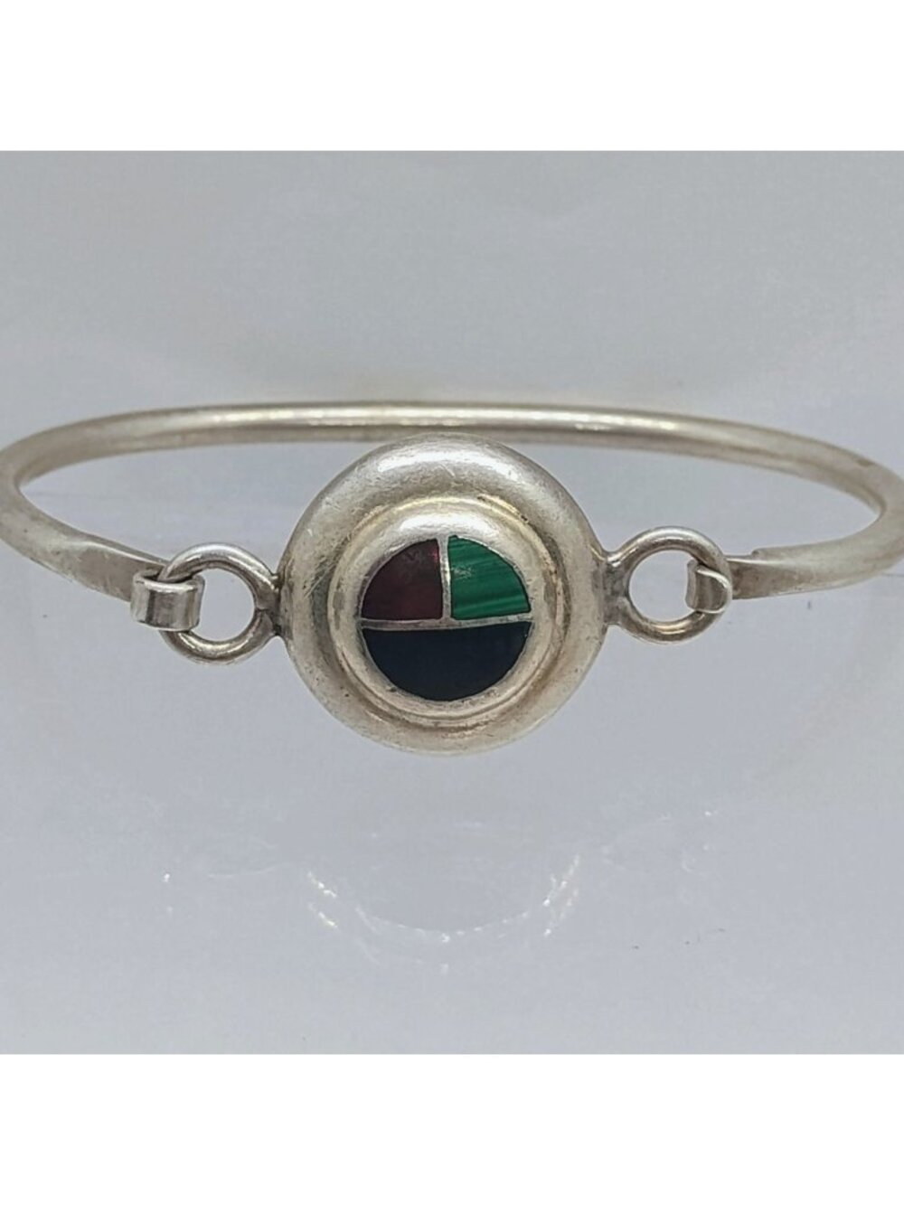 Sterling Silver Onyx Malachite Jasper Inlay Art Deco Cuff Mexico 925 Hook-on Siz - Picture 2 of 6